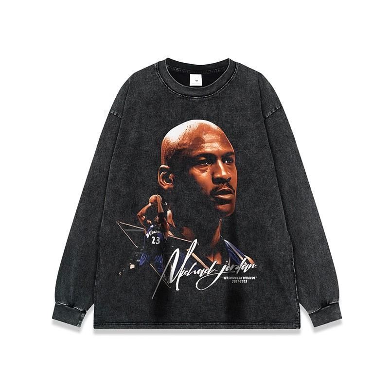 Vintage American Basketball Star Print Washed Distressed Oversized Cotton Long Sleeve Tee Unisex Streetwear