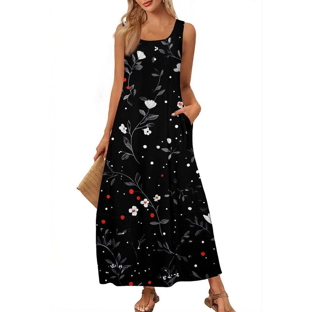 Women's Casual Long-length Sundress Summer Beach Dress Round Neck Sleeveless Loose Sundress