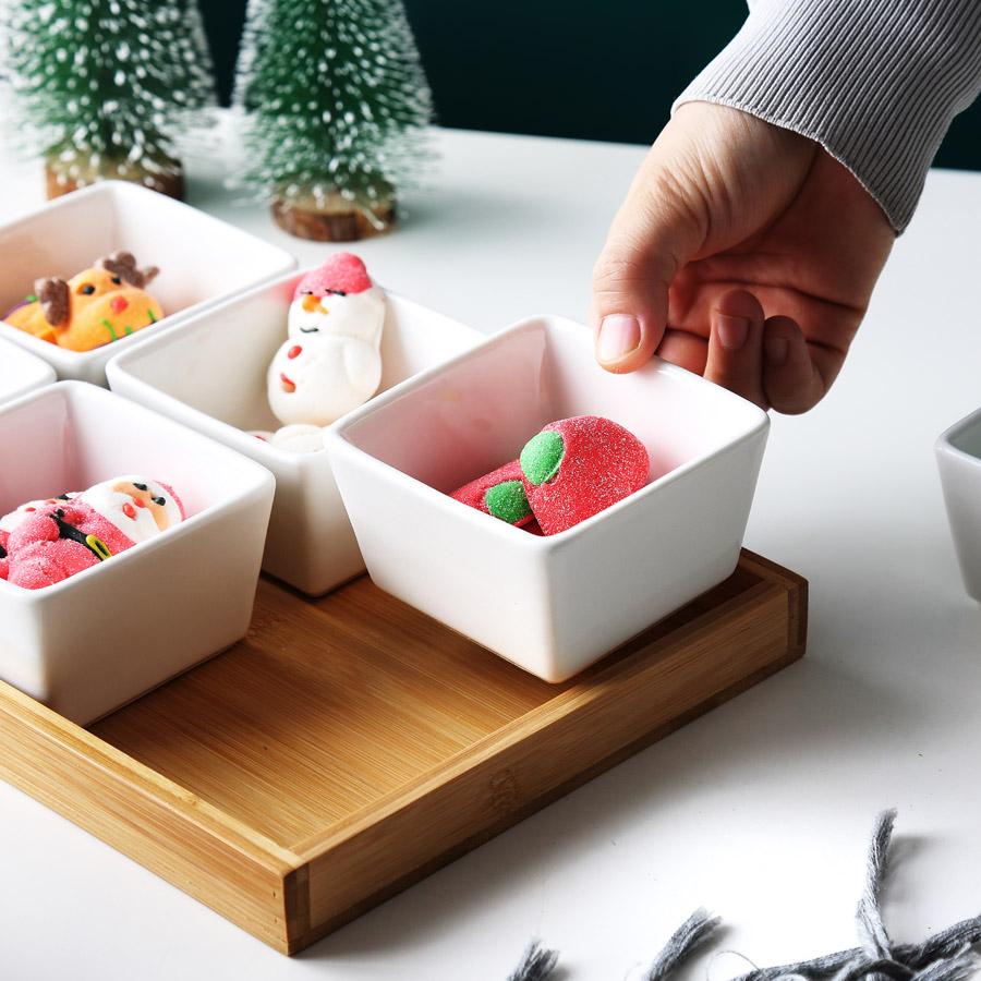 Керамическая десертная тарелка MUZITY, квадратная фруктовая тарелка с бамбуковым и деревянным подносом, фарфоровая тарелка для торта или конфет