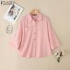 Womens Turn Down Collar 3/4 Sleeve Loose Button Blouse