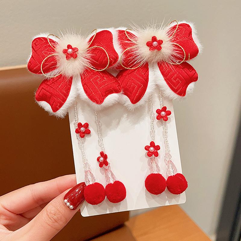 1 пара детских красных заколок-бантов для волос, кавайные аксессуары для волос, заколки для волос с кисточками в виде бабочек, универсальные заколки для волос в старинном стиле