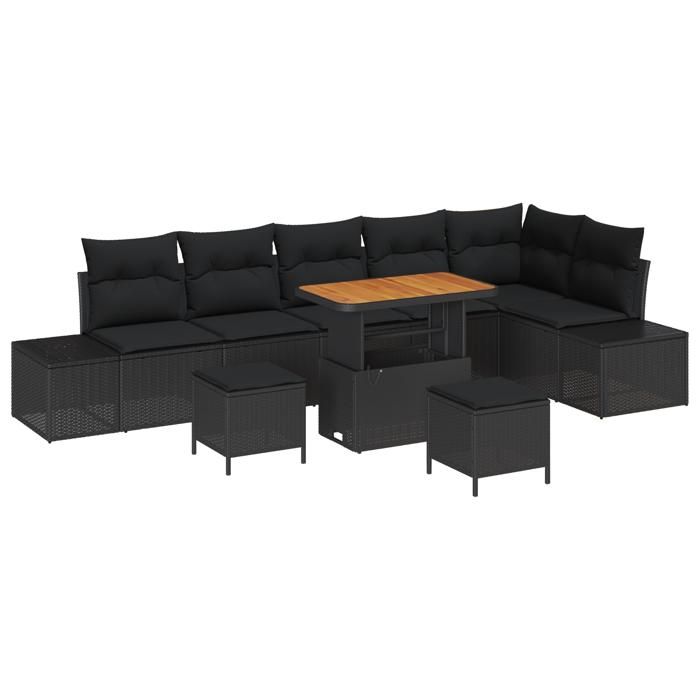 Ensemble de canapé de jardin 9 pièces avec coussins Noir Poly Rotin Acacia, Canapé de jardin 2 places avec coussins Noir 3362804