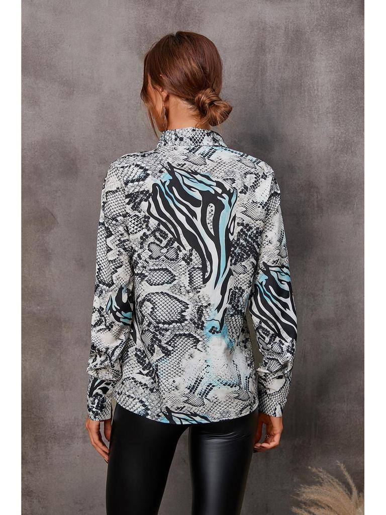 European & American Style Women's Autumn Print Tie Single-Breasted Long-Sleeve Shirt