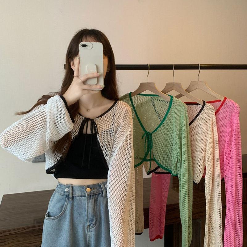 Lace-up Hollow Long-sleeved Knitted Cardigan Women's Edge-bumping Thin Summer Design Niche Loose and Sweet Short Top