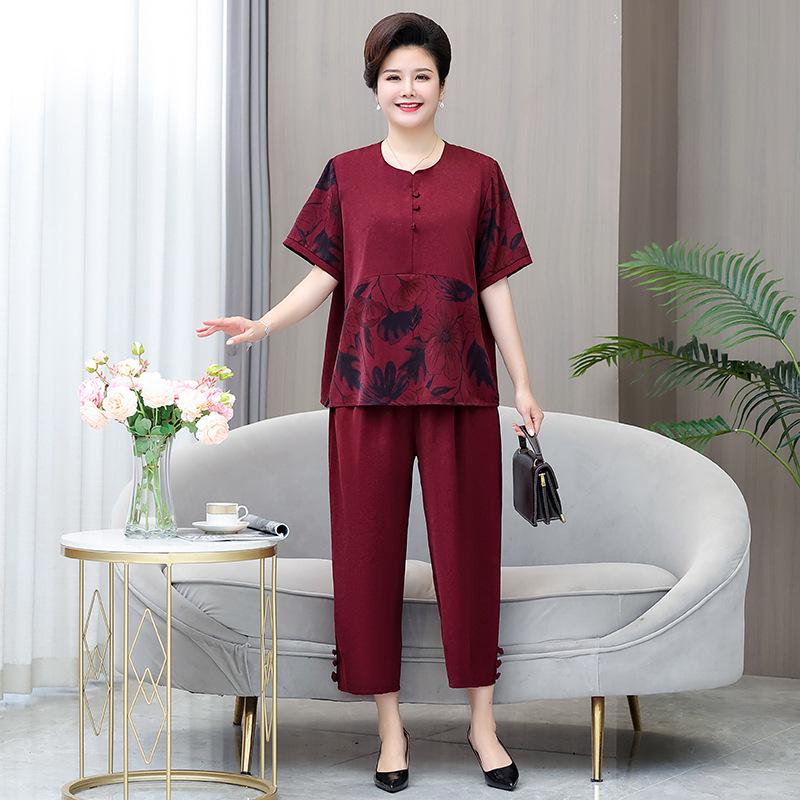 Летний комплект больших размеров с коротким рукавом для женщин среднего и пожилого возраста - Свободный облегающий костюм-двойка