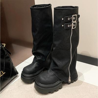 Дизайнерские ботинки на толстой подошве, ковбойские ботинки, ботинки с длинным голенищем для женщин на осень и зиму, облегающие ботфорты до колена