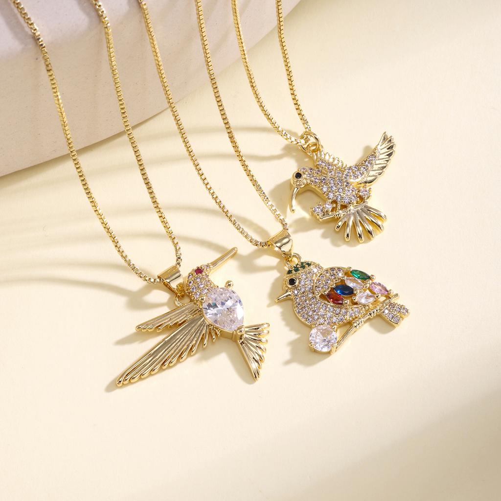 Nidin Shiny Cubic Zirconia Hummingbird Pendant Necklace Crystal Bird Neck Chain Cute Animal Jewelry For Women Party Wedding Gift