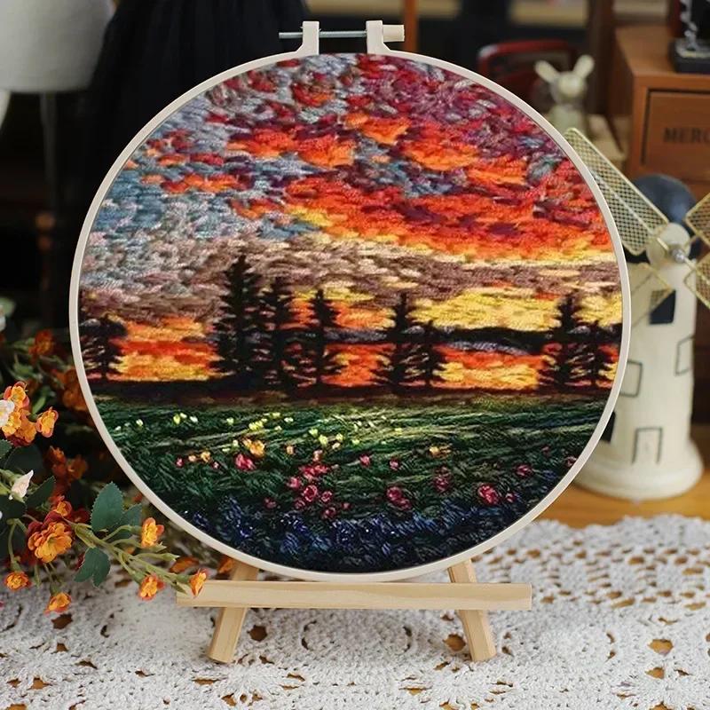 Embroidery Kit Scenery Pattern Diy Beginner Embroidery Kits Handcraft Needlework Sewing Hand Cross Stitch Set With Hoop Craft