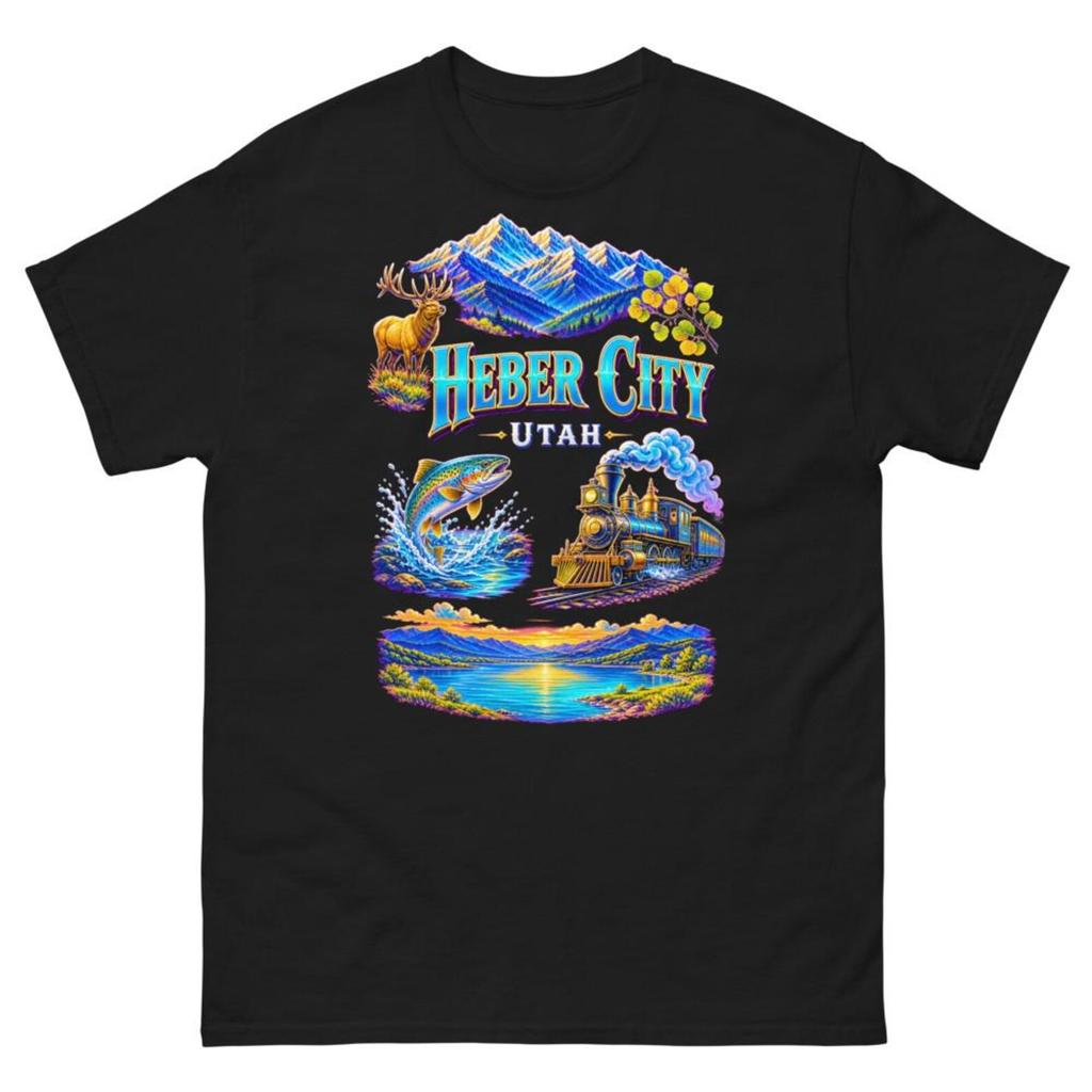 Heber City Utah T-Shirt: Elk, Train, Trout, Lake Sunset Design Souvenir Tee