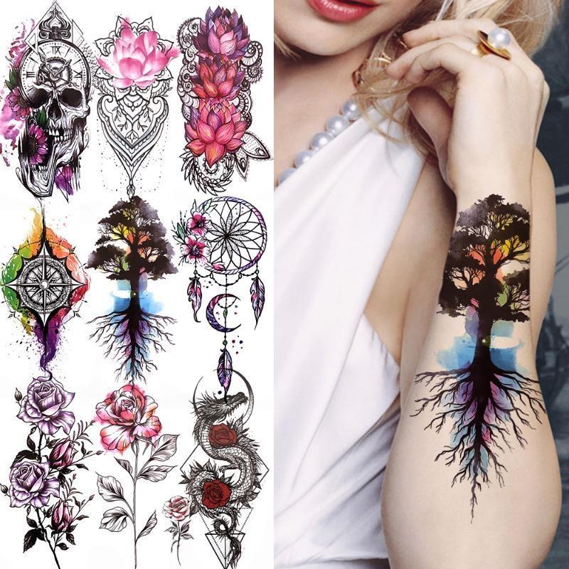NEW 1 PC 210*114MM Cherry Blossom Fake Temporary Tattoo For Women Girl Watercolor Rose Flower Tattoos Flora Branch Chest Back Tatoo Paper Stickers