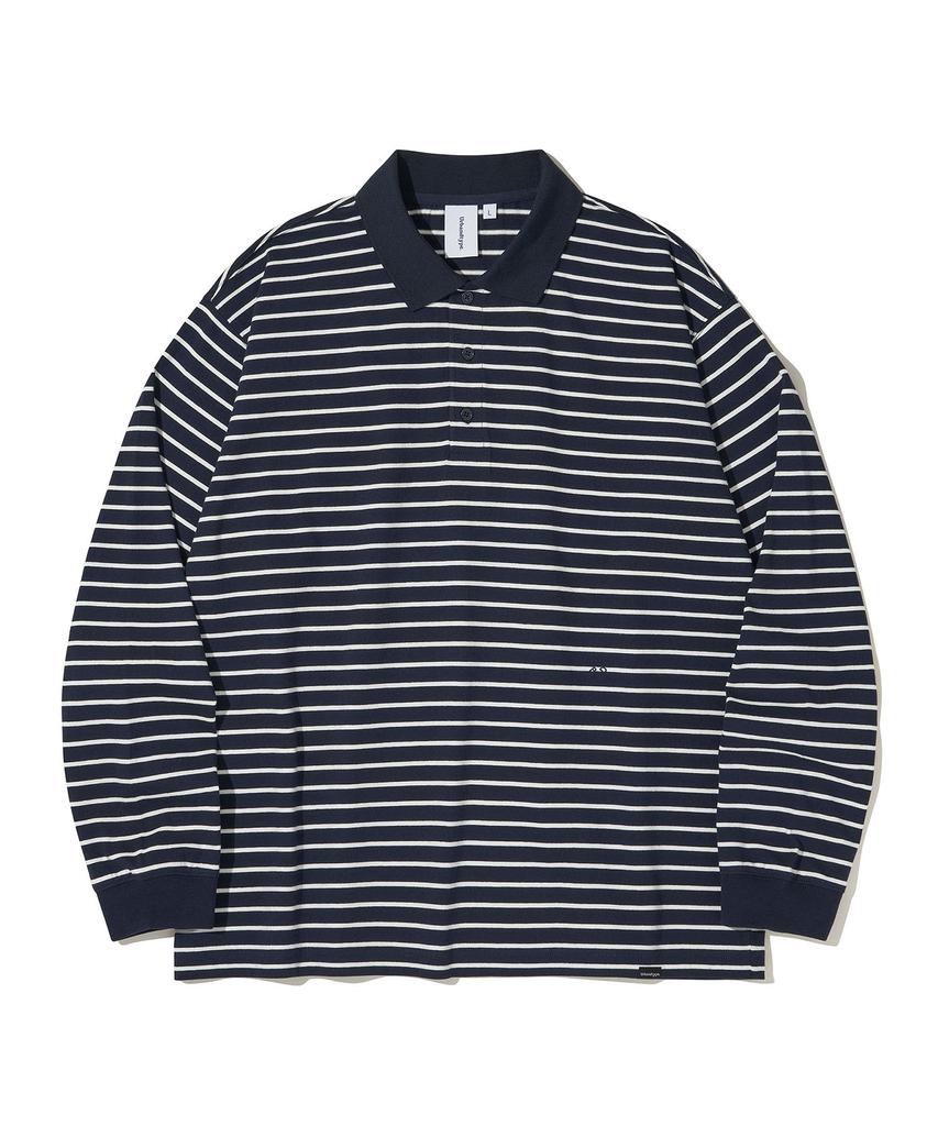 URBANDTYPE Paris Stripe Long Sleeve Polo Shirt_Dark Navy