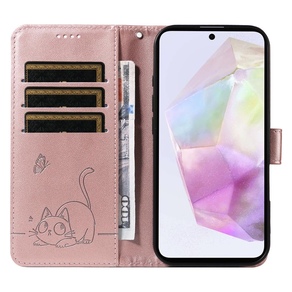 For Samsung Galaxy A36 5G Case Cat Pattern Imprint Leather Phone Cover with Wrist Strap