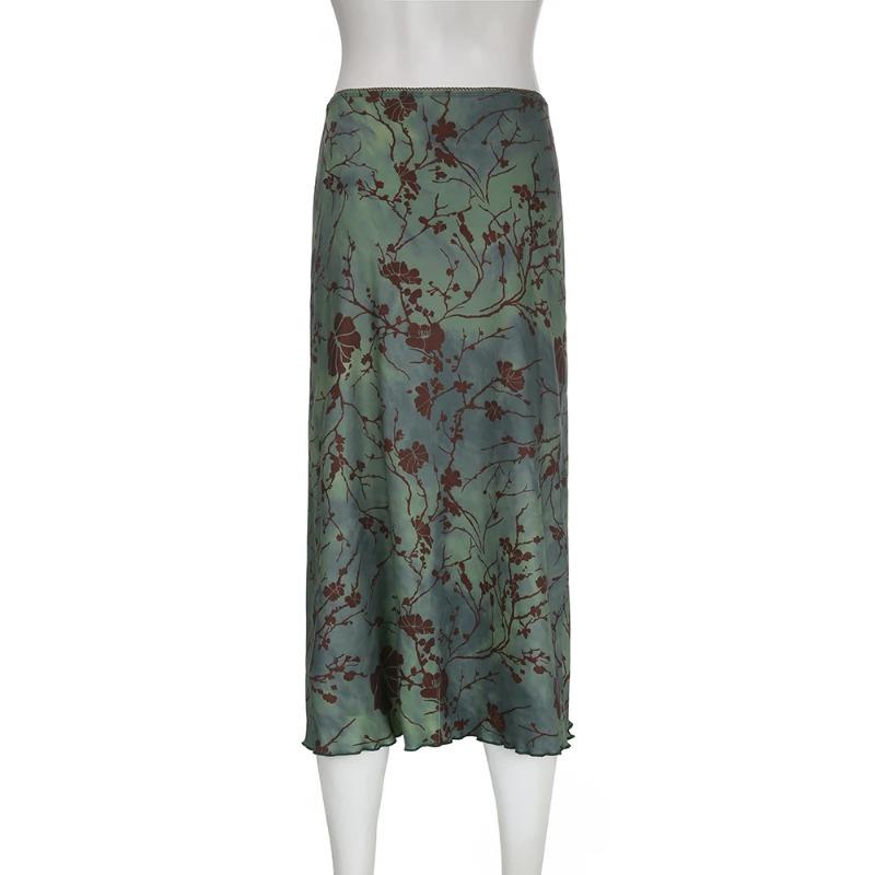 Винтажная длинная юбка, зеленая женская юбка с цветочным принтом Y2K, модная уличная гранж-мода, элегантная юбка до середины икры, корейская мода 2000-х годов