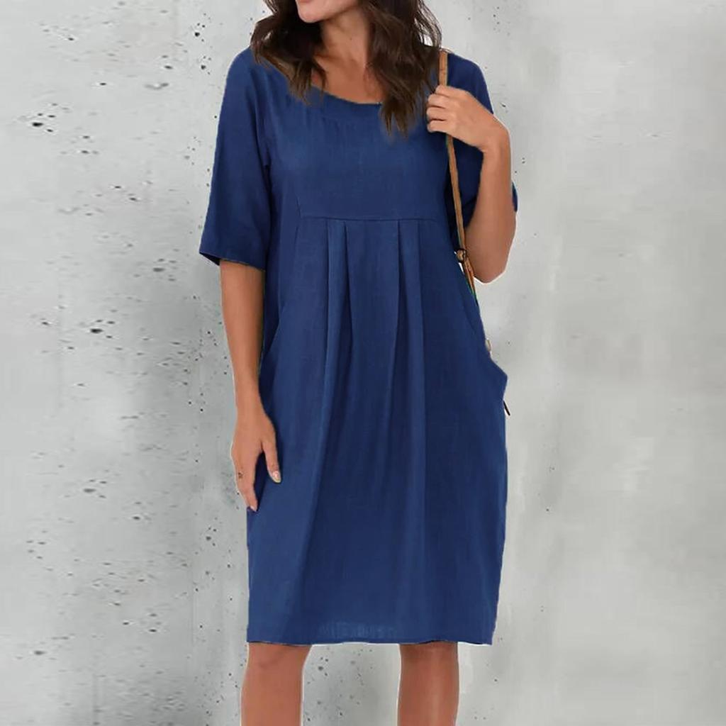 Women's Casual Loose O Neck Short Sleeve With Pockets Elegant Linen  Swing Dresses