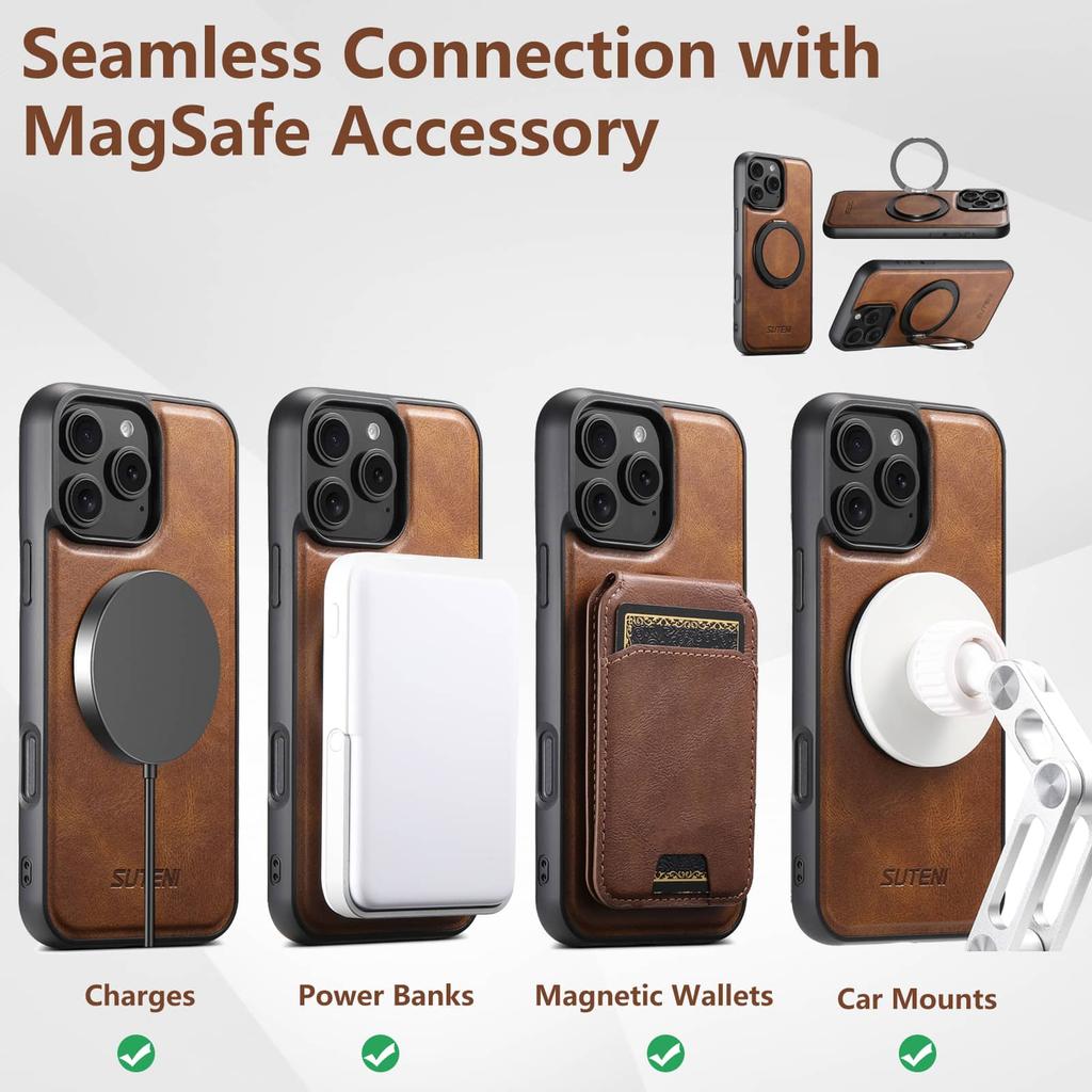 Для iPhone 16 15 14 13 12 Pro Max Кожаный чехол, [Совместим с магнитным креплением] Встроенная подставка Ударопрочный Защитный чехол для телефона