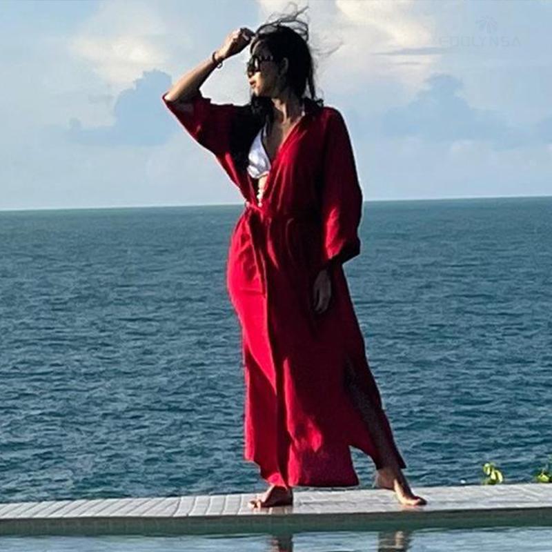 Sexy Short Sleeve Front Open Self Belted Long Kimono Dress Summer Clothes For Women Beach Wear Bathing Suit Cover Up Q1357