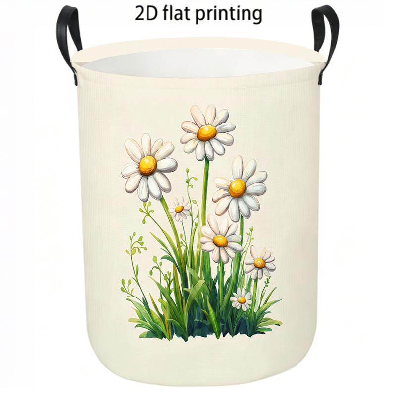 1pc Laundry Basket, Daisy Flower Pattern Dirty Clothes Hamper, Leisure Style Cloth Storage Bin with Sturdy Handles, Collapsible Organizer for Home Bed