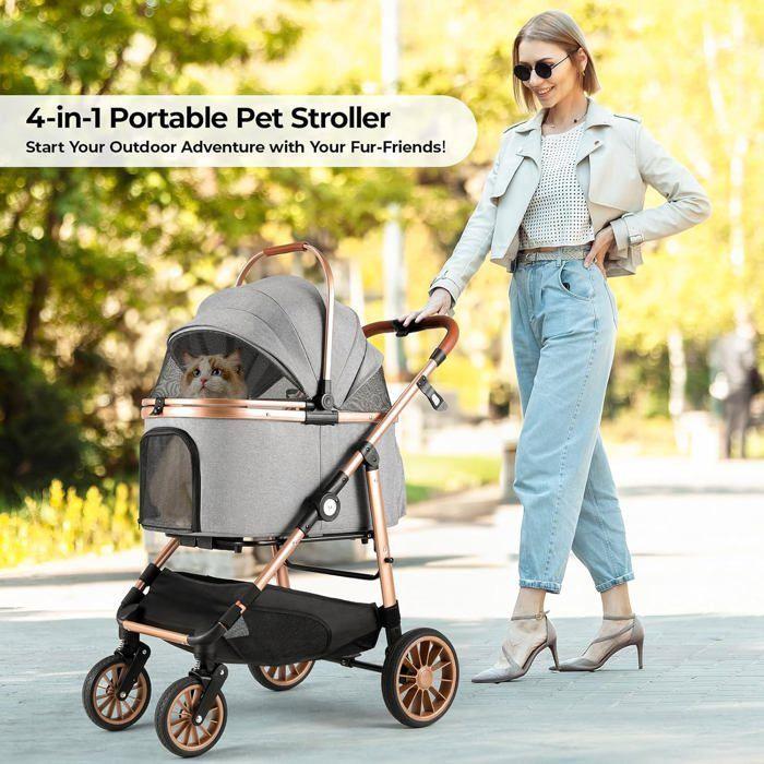 Poussette chien chat 4-en-1 pliable jusqu’à 25 kg, roues 360° amorties, transport animal, poussette tout-terrain confortable