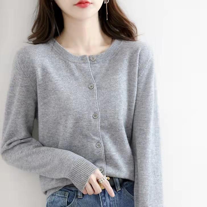 QICED Autumn and Winter O-Neck Knitted Cardigan Women Loose Large Size Sweater Coat Solid Color Bottom Sweater Coat