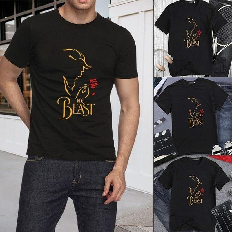 King Queen Couples T Shirt Beast Beauty Print Couple Tshirt Summer Fashion Woman T-shirt Casual O-Neck Tops Lovers Tee Shirt