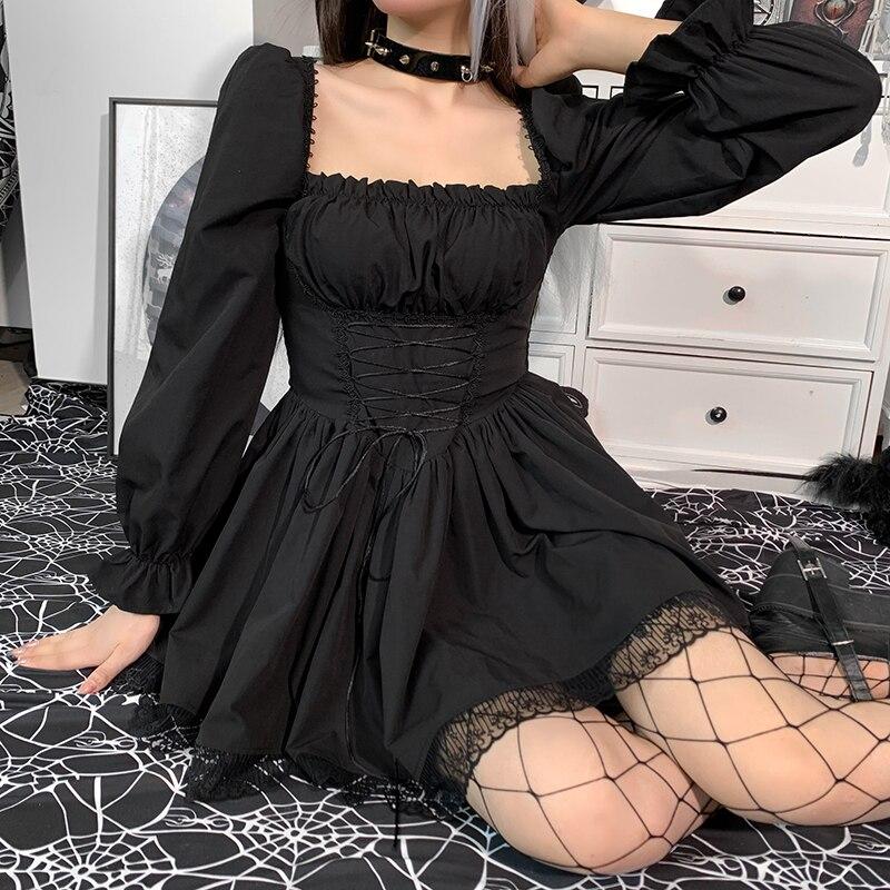 Gothic Sexy Black Lace Up Dress Vintage Square Collar Puff Sleeve Lace Tirm Mini Dresses Harajuku Fairy Grunge Party Dress