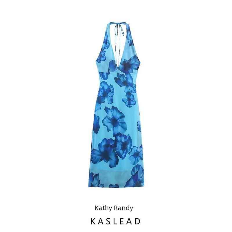 Kaslead New Women Clothes Western Style Fashion Simple Neck Collar Print Long Dress 3324309