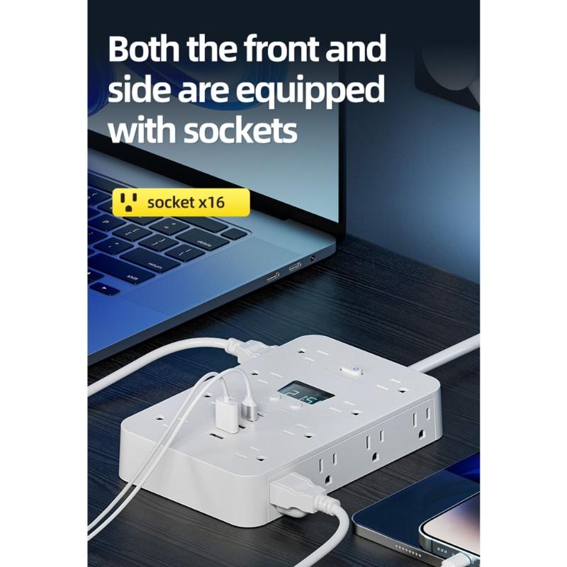 Электрическая розетка 16 гнезд 3 USB 2 порта Type C Сетевой фильтр для нескольких устройств Удлинитель розеток для настольной зарядки