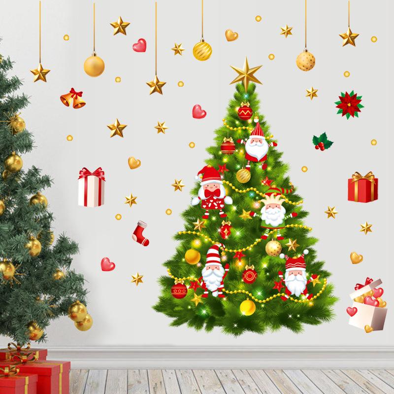Милый мультфильм Санта-Клаус, снеговик, лось, Рождественская елка, наклейка на стекло, окно, рождественская вечеринка, наклейка на стену, украшение