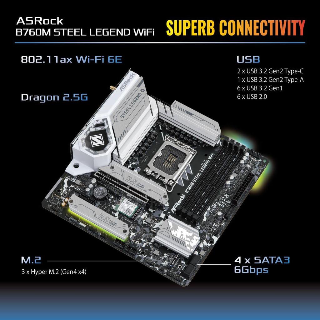 ASRock Motherboard B760M Steel Legend WiFi Compatible with Intel 12th and 13th Generation CPU B760 Chipset DDR5 Micro ATX Motherboard Authorized