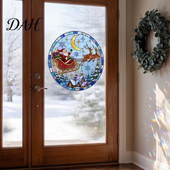 PVC Christmas Window Decoration Santa Sleigh Suncatcher Cling, Stained Glass Style Static Sun Catcher Decal Sticker, Rainbow Film Xmas Decor for Home