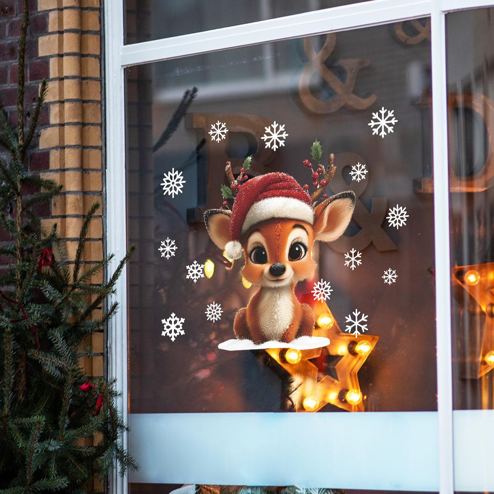 Мультяшный Милый Олень и Снежинка Украшение и Декор Стеклянного Окна Статические Наклейки