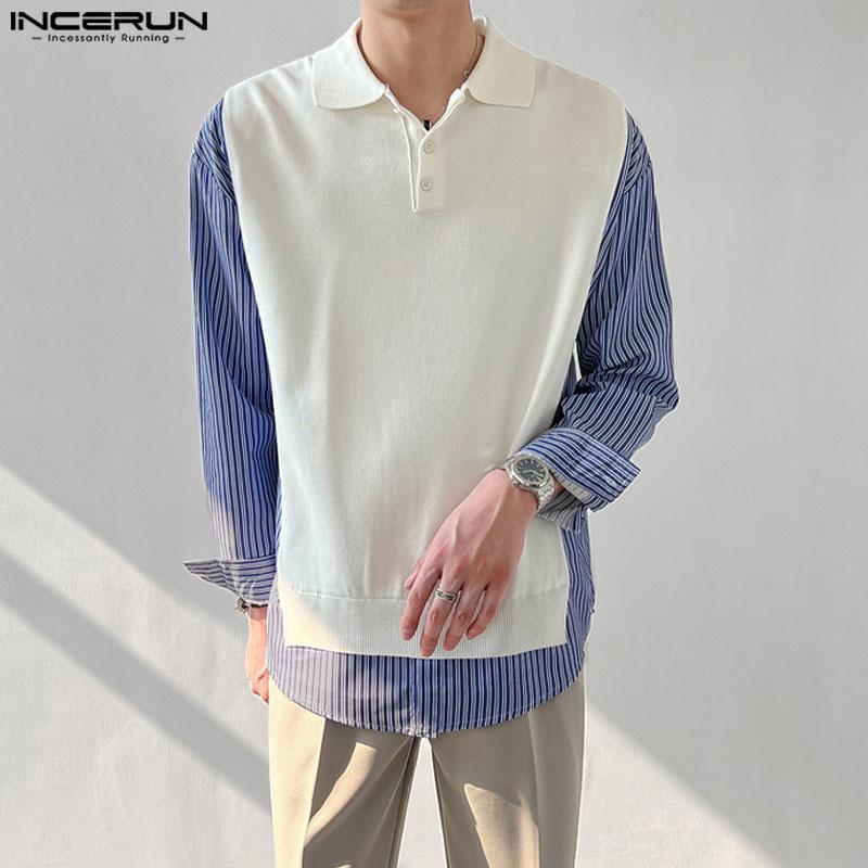 INCERUN Мужские рубашки с длинным рукавом в полоску в стиле пэчворк, повседневные топы