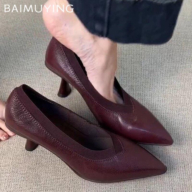 Остроносые женские туфли на низком элегантном среднем каблуке, кожаные туфли-лодочки, зимняя мода 2025 года, дизайнерские вечерние туфли-лодочки для вечеринок