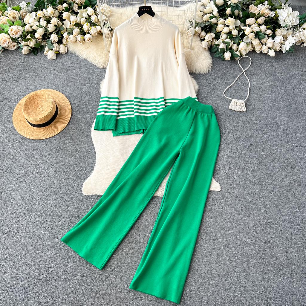 Осень-весна повседневные трикотажные комплекты с высоким воротником в полоску пуловер с разрезом + широкие длинные брюки женский модный свободный костюм-свитер