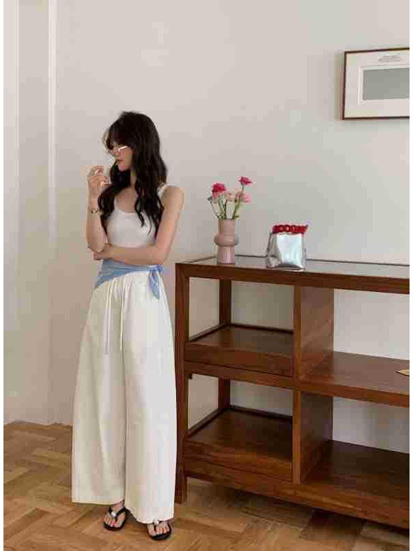 Ting Lan White Cow Elastic Loose Wide-Leg Slimming Casual Nine-Point Pants