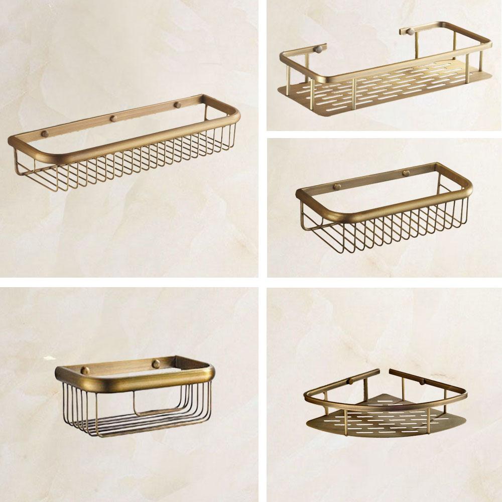 Vintage Retro Antique Brass Wall Mounted Bathroom Shower Shelf Storage Basket Bathroom Accessory Mzh120