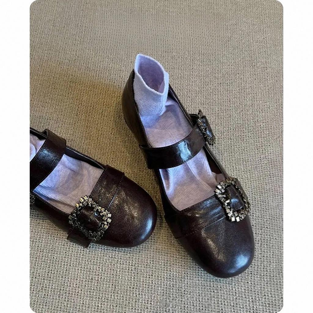 Blue Cabinet French Single Shoes Women's Flat Commuter Ballet Shoes Gentle Evening Shoes with Skirt One-word Buckle Mary Jane Shoes