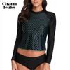 Womens Rashguard Sun Protection Swim Shirt Long Sleeve Sun Protection UPF 50 V Round Collar Wave-dots with Curly Edges Navel Exposed