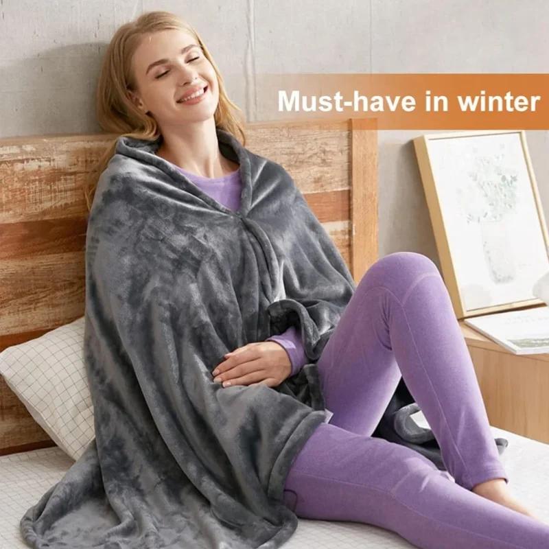 USB Electric Heated Blanket Shawl 3 Heated Level Throw Blanket 5v USB Charging Coral Velvet 8 Heated Areas Fast Heating