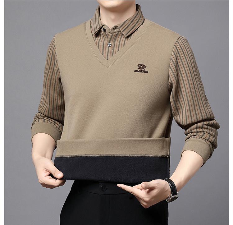 Men's Winter Wool Silk Lapel Two-in-One Sweater with Fleece Lining