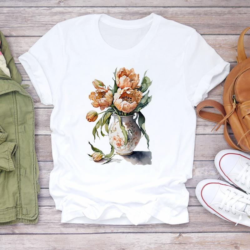 (Азиатский размер) Женская футболка с цветочным рисунком 90-х годов, трендовая милая футболка с принтом, одежда, повседневная женская модная футболка с коротким рукавом, женская футболка с графическим рисунком