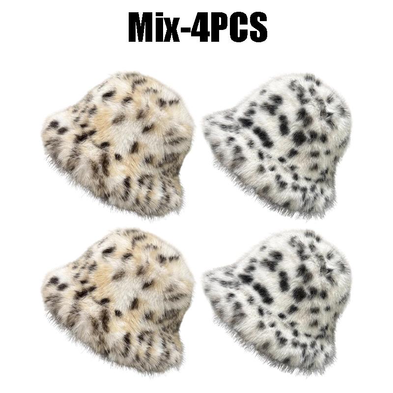 2025 Winter Puffy Faux Fur Bucket Hats Women Fashion Leopard Print Plush Sun Hats Thickened Warm Imitation Fur Panama