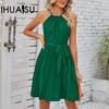 Новое летнее женское плиссированное мини-платье без рукавов на шнуровке с лямкой на шее