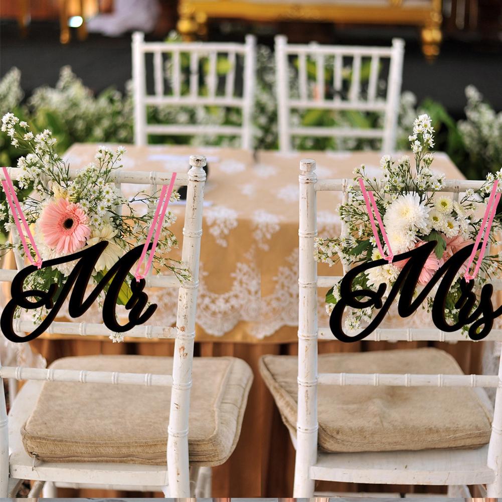 1 Pair Wooden Chair Signs Mr Mrs Chair Back Hanging Pendant With Ribbon Chair Decor For Wedding Decorations