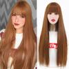 Brown Long Straight Wig with Blunt Bangs Synthetic Heat Resistant Fiber Wig for Women Daily Wear
