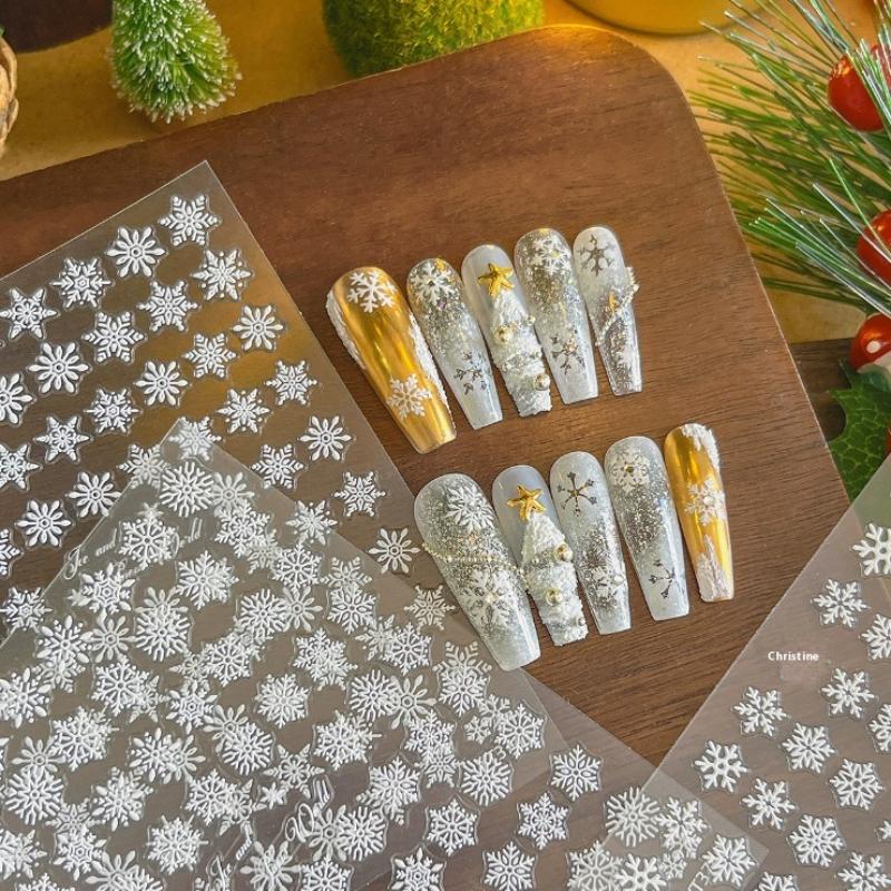 Winter Snowflake Christmas Nail Art Sticker White 3D Relief Adhesive Nail Art Decoration Sticker Nail Charm Manicure Decals
