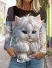 2024 Осень и зима Женская футболка с длинным рукавом с 3D-принтом и милым принтом котенка, женская уличная одежда с круглым вырезом и длинным рукавом