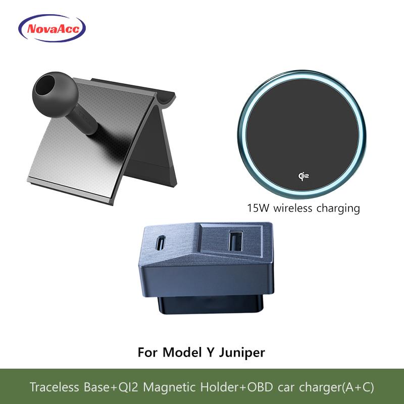Car Magnetic Wireless Charging Phone Holder For Tesla Model Y Juniper Model 3 Highland 2021-2025 Transparent Base OBD Charger