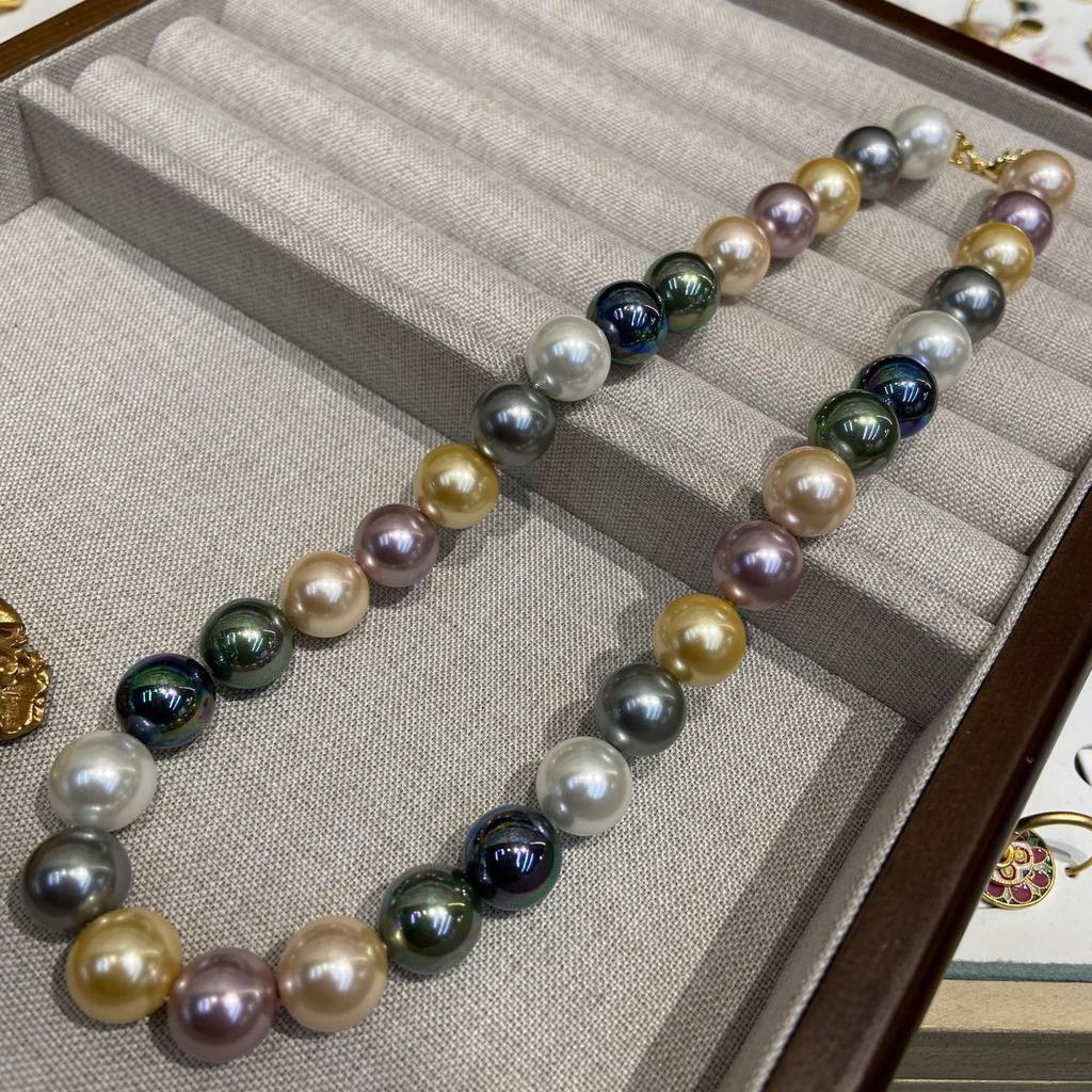 Новое китайское ретро 12 мм крупнозернистое ожерелье из таитянского золота с турмалиновыми бусинами и жемчугом цвета малахита на ключицу