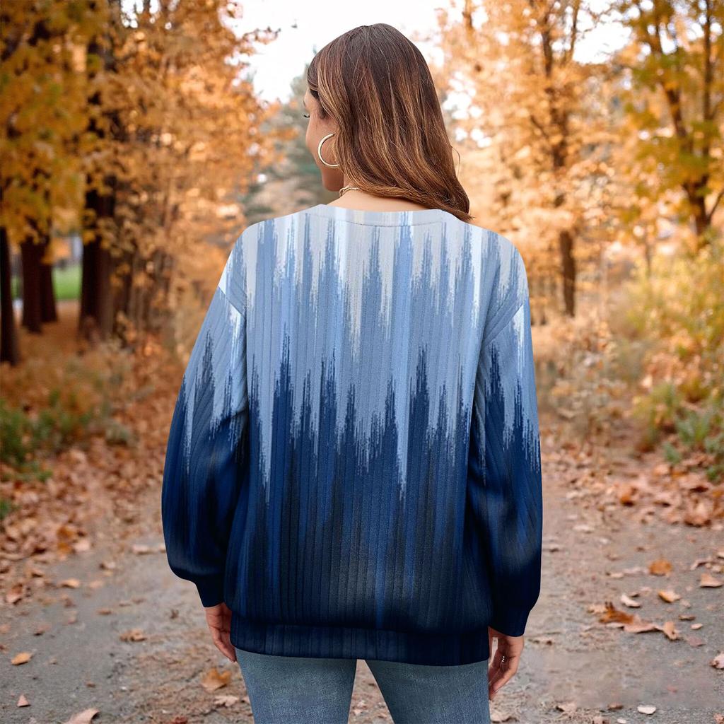 Women's Winter Color-Block Printed Lightweight Brushed-Cotton Round Neck Top